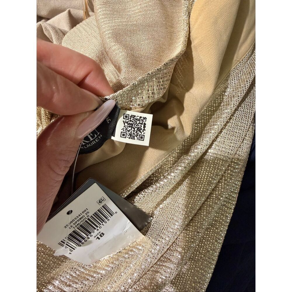Lauren Ralph Lauren Twist-Front Foil Print Cape-Overlay Gown Gold/Tan 18 - Picture 6 of 7